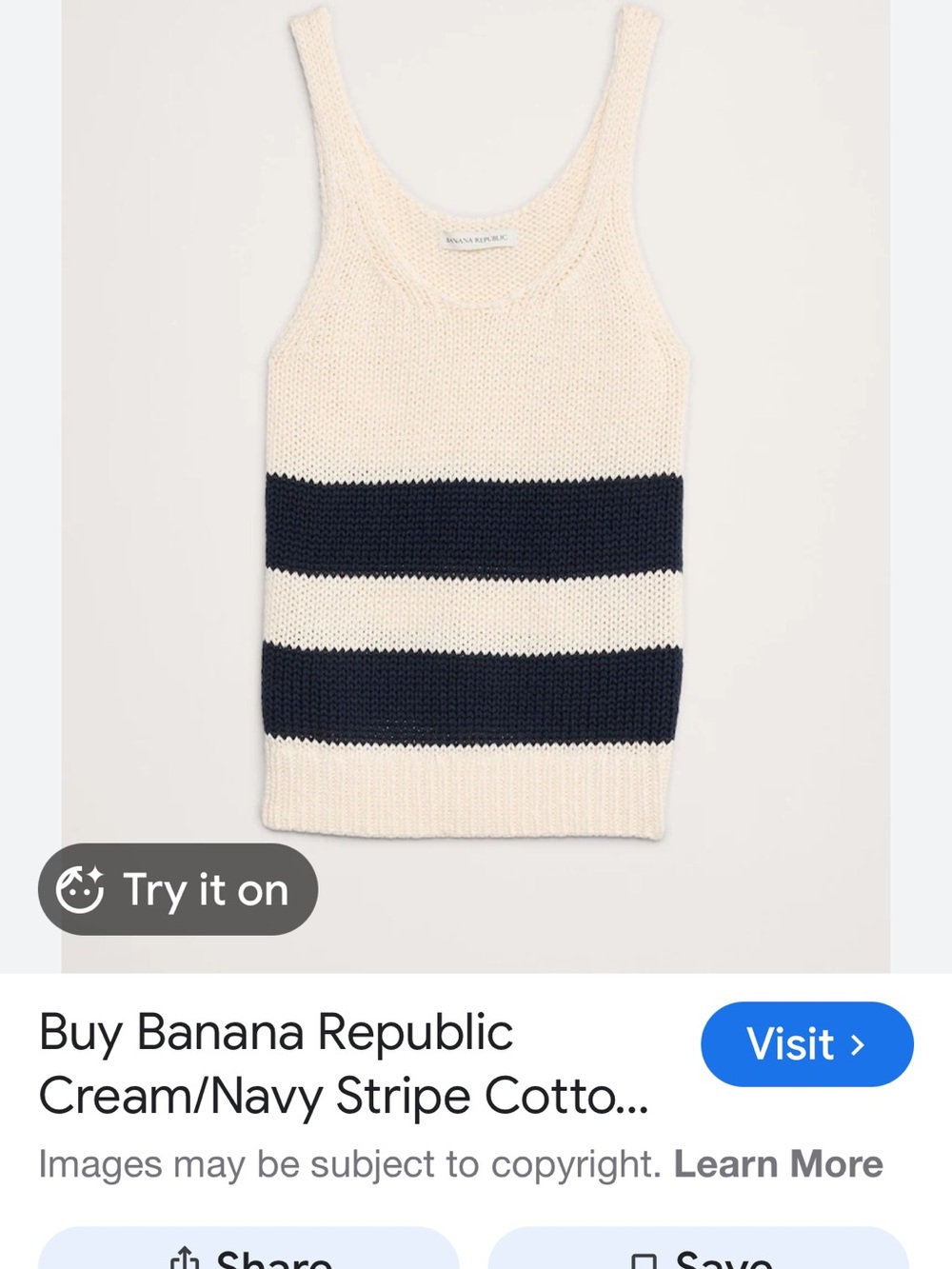 Banana Republic Cream and Navy Striped Knit Tank Top